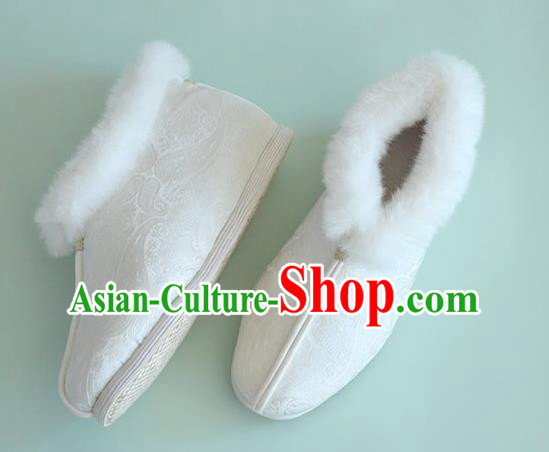 China Traditional Hanfu White Brocade Short Boots National Winter Women Cotton Padded Shoes