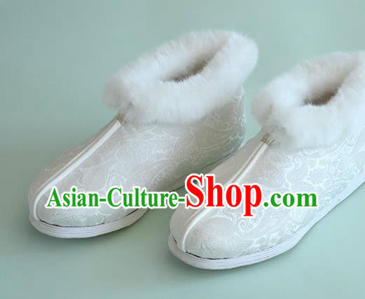 China Traditional Hanfu White Brocade Short Boots National Winter Women Cotton Padded Shoes