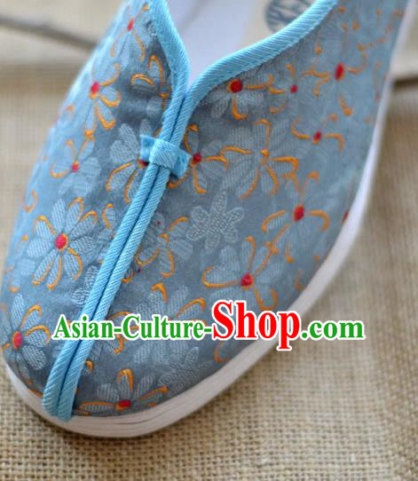 China Traditional Hanfu Shoes Blue Brocade Shoes National Women Cloth Shoes