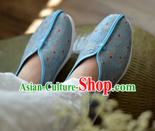 China Traditional Hanfu Shoes Blue Brocade Shoes National Women Cloth Shoes