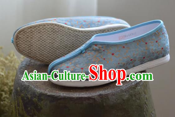 China Traditional Hanfu Shoes Blue Brocade Shoes National Women Cloth Shoes