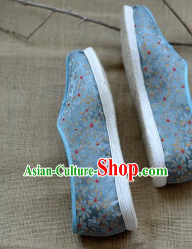 China Traditional Hanfu Shoes Blue Brocade Shoes National Women Cloth Shoes