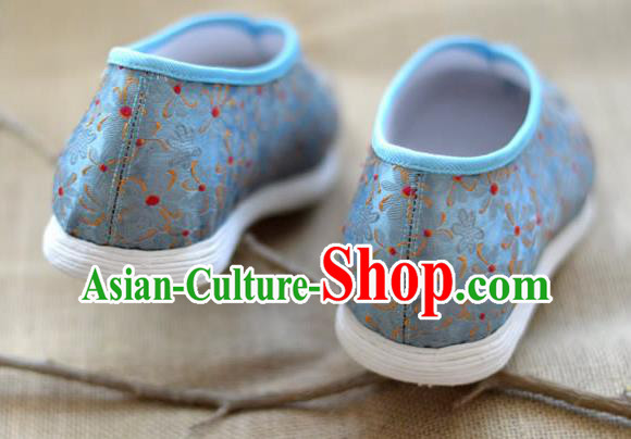 China Traditional Hanfu Shoes Blue Brocade Shoes National Women Cloth Shoes