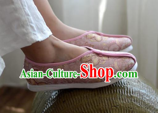 China Traditional Tai Chi Shoes National Women Cloth Shoes Pink Brocade Shoes