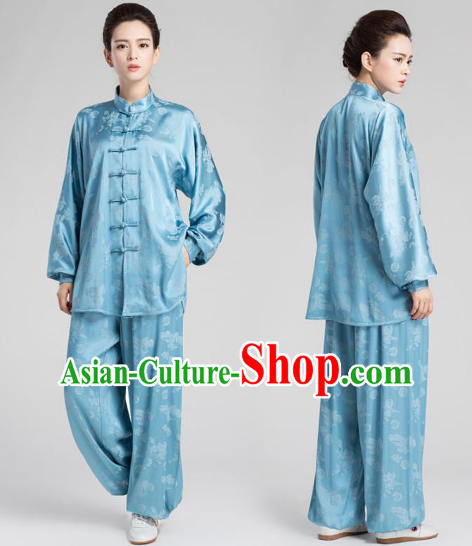 China Tai Chi Kung Fu Training Uniforms Traditional Martial Arts Blue Silk Clothing
