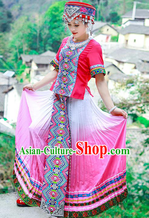 Chinese Tujia Nationality Young Woman Clothing Ethnic Folk Dance Pink Dress Outfits and Hat