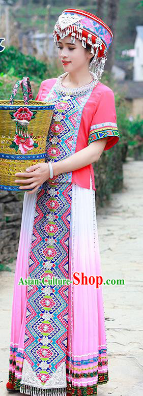 Chinese Tujia Nationality Young Woman Clothing Ethnic Folk Dance Pink Dress Outfits and Hat