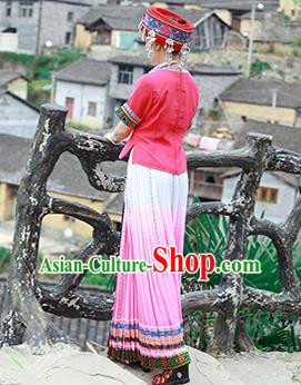 Chinese Tujia Nationality Young Woman Clothing Ethnic Folk Dance Pink Dress Outfits and Hat