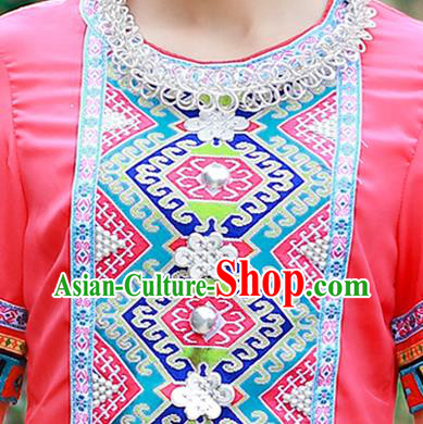 Chinese Tujia Nationality Young Woman Clothing Ethnic Folk Dance Pink Dress Outfits and Hat