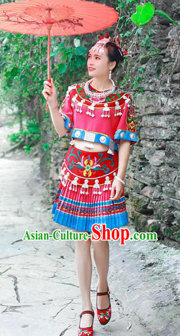 Chinese Hmong Ethnic Folk Dance Red Dress Outfits Miao Nationality Young Woman Clothing and Headpieces
