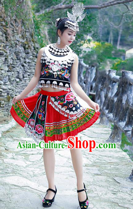 Chinese Hmong Ethnic Female Folk Dance Outfits Miao Nationality Stage Performance Clothing and Hair Accessories