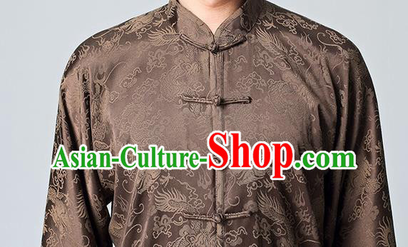 Chinese Tai Chi Kung Fu Uniforms Traditional Dragon Pattern Brown Silk Costumes