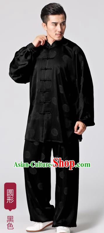 Chinese Traditional Circle Pattern Black Silk Costumes Tai Chi Martial Arts Uniforms