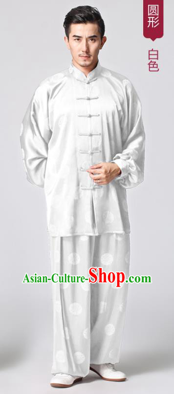 Chinese Tai Chi Martial Arts White Silk Uniforms Traditional Kung Fu Circle Pattern Costumes