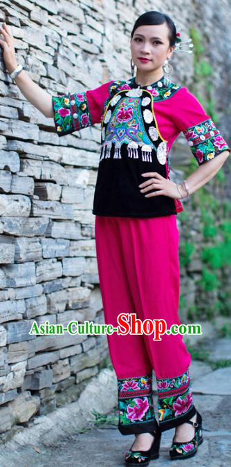 Chinese Miao Nationality Clothing Xiangxi Hmong Ethnic Woman Informal Rosy Outfits and Hair Accessories