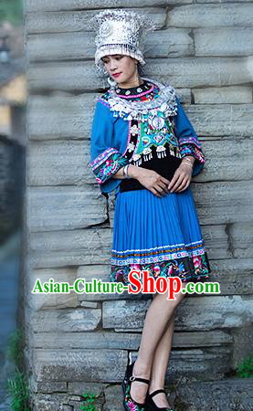 Chinese Miao Nationality Folk Dance Clothing Xiangxi Hmong Ethnic Woman Blue Outfits and Silver Headdress