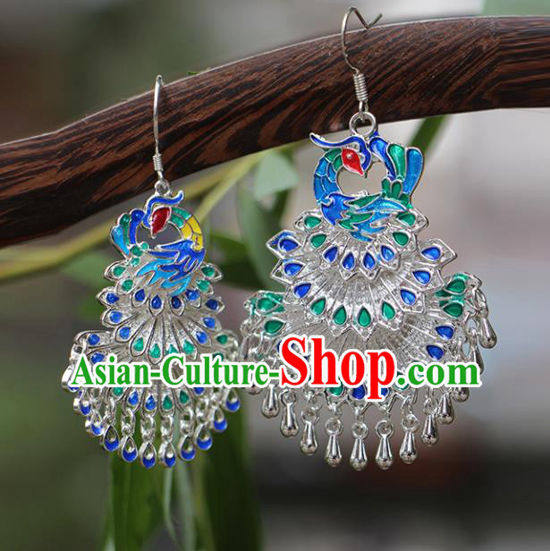 China Traditional Miao Nationality Bride Silver Earrings Hmong Stage Show Cloisonne Peacock Ear Accessories