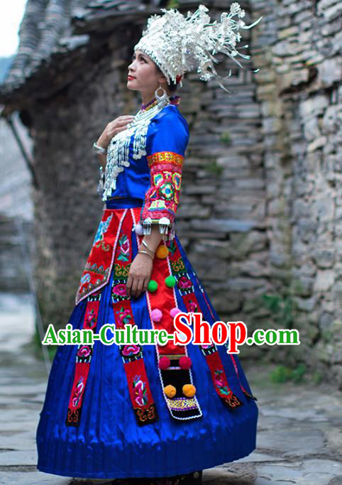 Chinese Miao Nationality Wedding Clothing Xiangxi Hmong Ethnic Bride Royalblue Outfits and Silver Hat