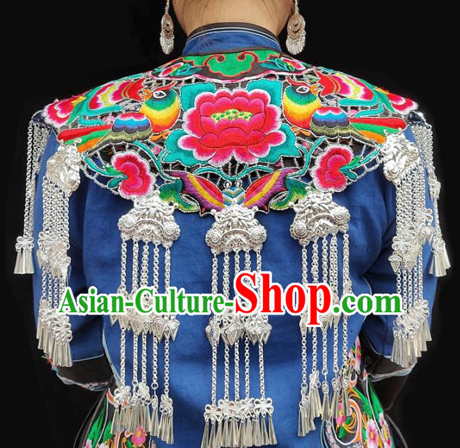 China Traditional Miao Nationality Folk Dance Embroidered Tippet Sichuan Ethnic Minority Silver Tassel Shoulder
