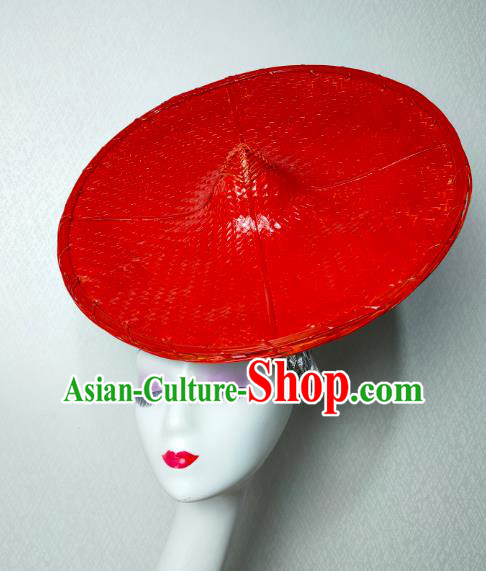 China Traditional Dai Nationality Folk Dance Red Bamboo Hat Yunnan Ethnic Minority Stage Show Headwear
