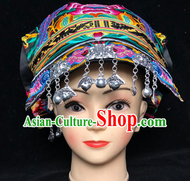 China Xiangxi Tujia Ethnic Minority Woman Silver Tassel Headwear Traditional Yi Nationality Stage Show Embroidered Hat