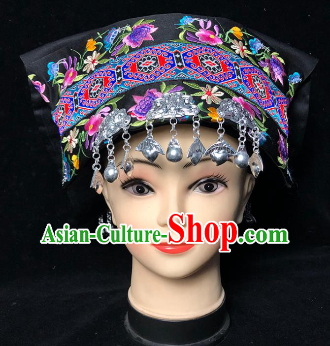 China Traditional Yi Nationality Female Embroidered Black Hat Xiangxi Ethnic Minority Folk Dance Silver Tassel Headwear
