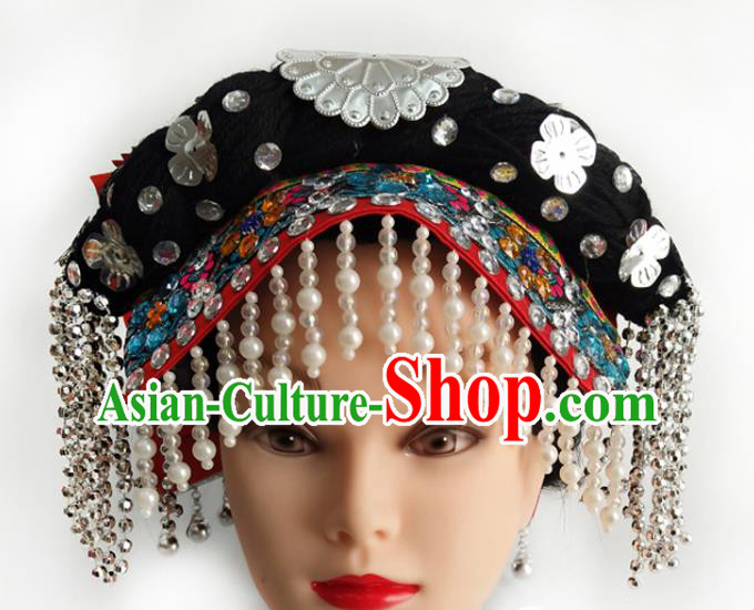 China Yi Ethnic Folk Dance Headwear Traditional Nationality Minority Beads Tassel Hat
