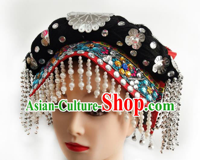 China Yi Ethnic Folk Dance Headwear Traditional Nationality Minority Beads Tassel Hat