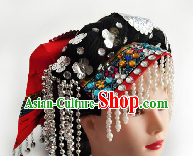 China Yi Ethnic Folk Dance Headwear Traditional Nationality Minority Beads Tassel Hat