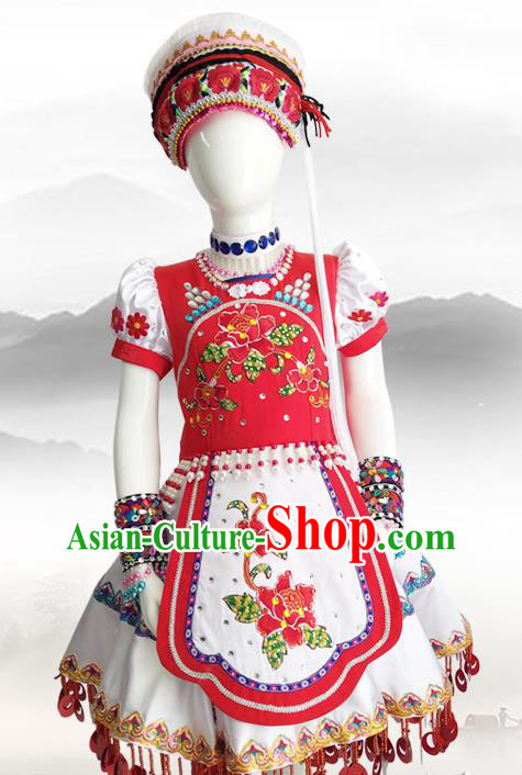Chinese Yunnan Ethnic Woman Costume Bai Nationality Outfits Minority Folk Dance Rosy Dress Clothing and Hat