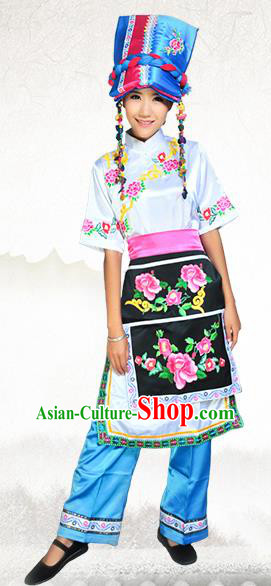Chinese Qiang Nationality Young Lady Informal Clothing Ethnic Folk Dance White Outfits and Hat