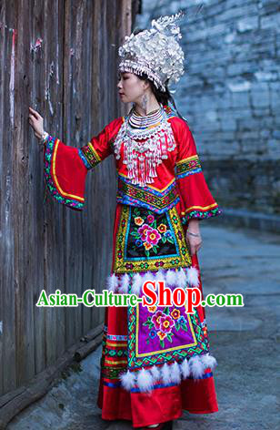 Chinese Dong Nationality Wedding Dress Clothing Ethnic Bride Stage Performance Red Outfits and Hat