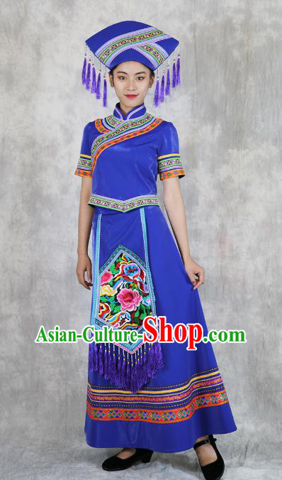 Chinese Ethnic Folk Dance Costume Zhuang Minority Informal Clothing Nationality Woman Royalblue Dress Outfits and Headwear