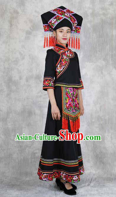 Chinese Nationality Woman Black Dress Outfits Ethnic Folk Dance Costume Zhuang Minority Informal Clothing and Hat