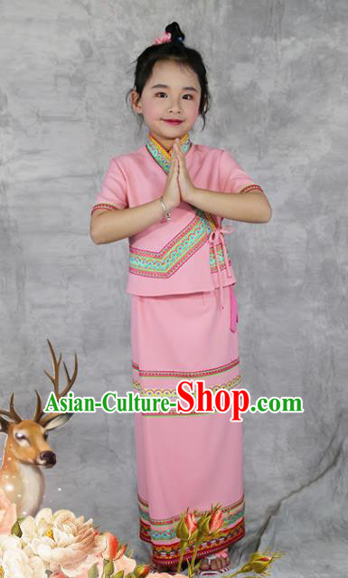 China Dai Nationality Costumes Yunnan Province Ethnic Minority Children Pink Outfits