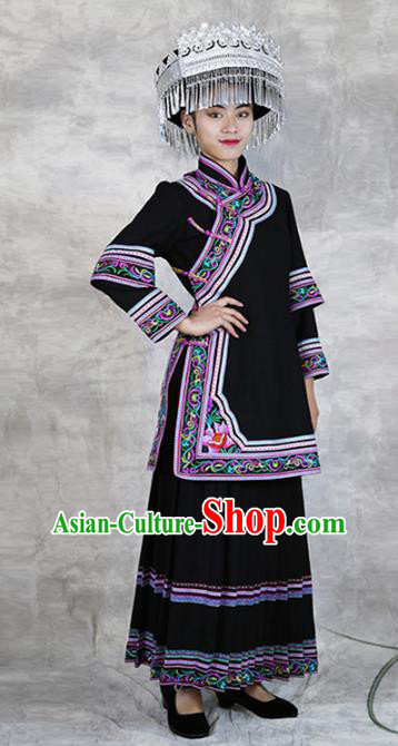 Chinese Nationality Folk Dance Black Dress Outfits Yunnan Ethnic Woman Costume Yi Minority Stage Performance Clothing and Headwear