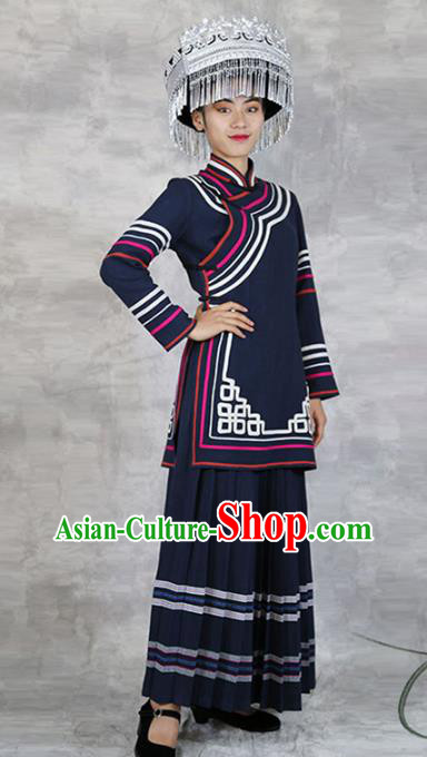 Chinese Yi Nationality Folk Dance Navy Dress Outfits Yunnan Ethnic Woman Costume Minority Stage Show Clothing and Hat