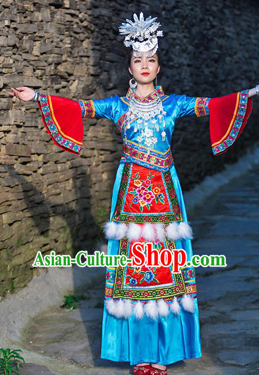 Chinese Ethnic Stage Performance Blue Outfits Dong Nationality Folk Dance Dress Clothing and Hair Accessories