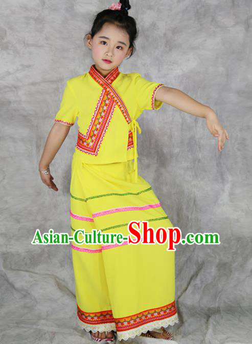 China Yunnan Province Ethnic Minority Children Yellow Outfits Dai Nationality Costumes
