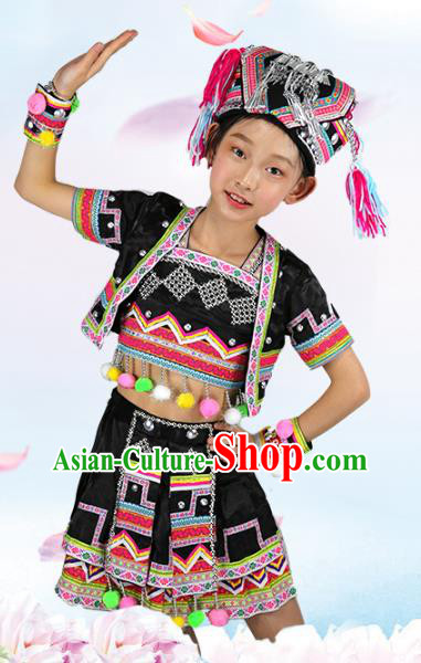 China Hani Ethnic Minority Folk Dance Black Outfits Yunnan Nationality Girl Costumes and Hat