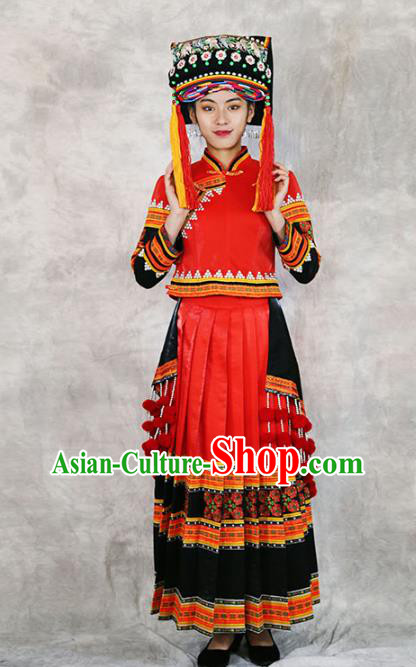 Chinese Minority Folk Dance Red Outfits Clothing Ethnic Bride Costume Yi Nationality Wedding Dress and Headwear
