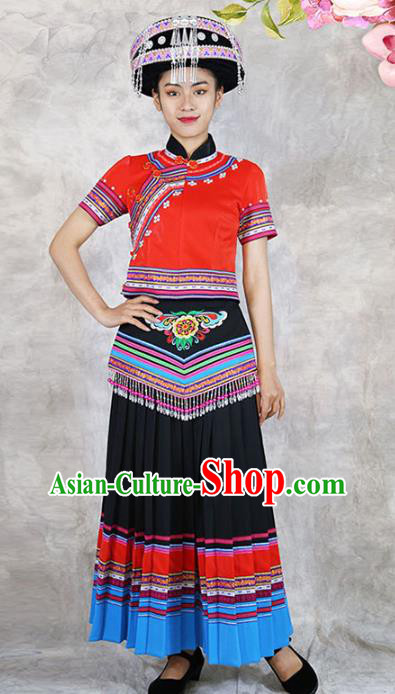 Chinese Yunnan Minority Folk Dance Outfits Clothing Ethnic Woman Costume She Nationality Dress and Hat