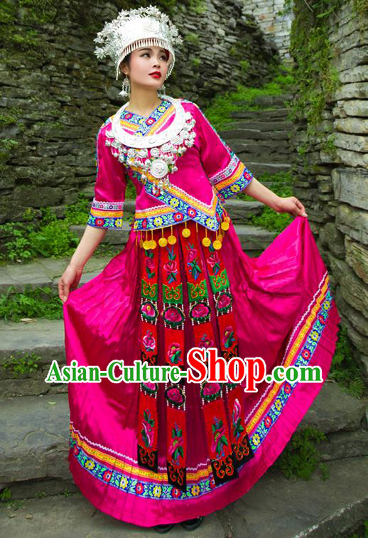 Chinese Tujia Ethnic Stage Performance Rosy Outfits Dong Nationality Wedding Dress Clothing and Headdress