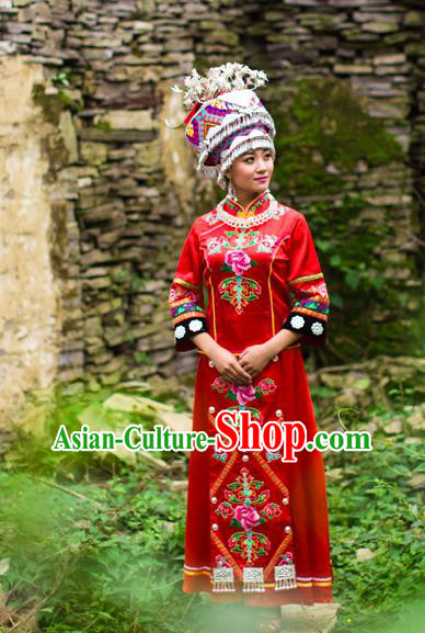 Chinese Ethnic Bride Red Outfits Tujia Nationality Wedding Dress Clothing and Headdress