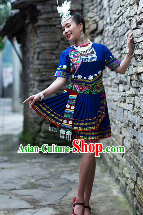 Chinese Ethnic Folk Dance Blue Outfits Dong Nationality Young Lady Dress Clothing and Hair Jewelry