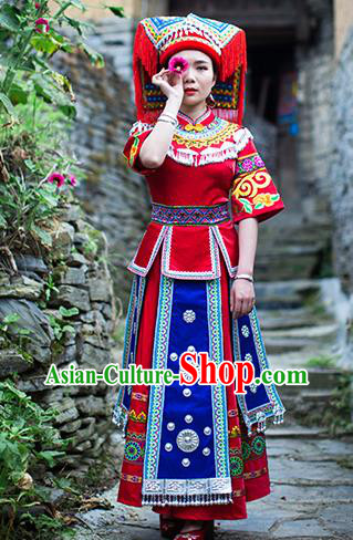 Chinese Yao Nationality Stage Show Dress Clothing Ethnic Wedding Bride Red Outfits and Headwear