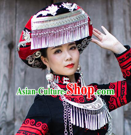 China Traditional Yi Nationality Bride Silver Tassel Hat Liangshan Ethnic Minority Bride Headwear