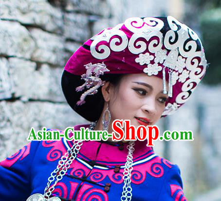 China Liangshan Ethnic Minority Bride Rosy Headwear Traditional Yi Nationality Bride Silver Tassel Hat