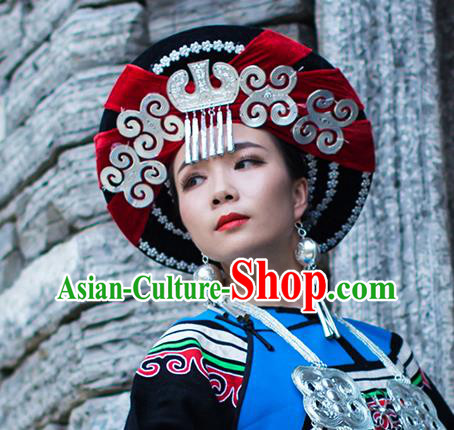 China Liangshan Ethnic Minority Torch Festival Silver Tassel Headwear Traditional Yi Nationality Bride Red Hat