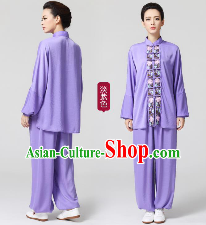 China Female Tai Chi Competition Uniforms Traditional Martial Arts Violet Flax Clothing